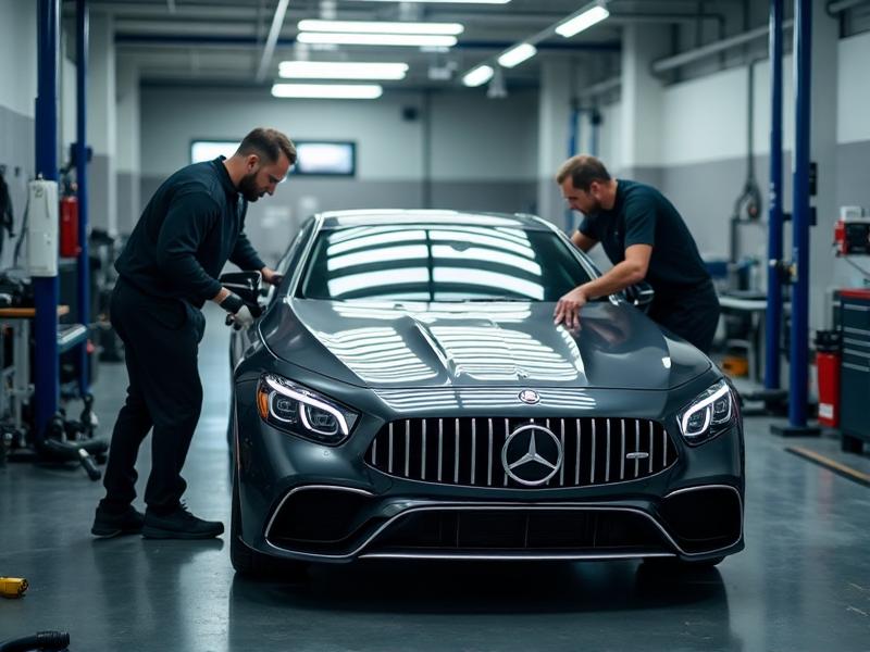 Professional technicians performing engine bay detailing